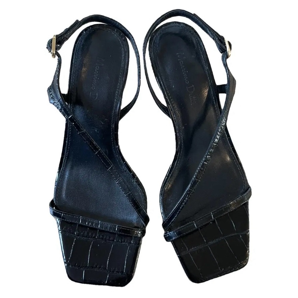 Massimo Dutti Black Leather Croc-Embossed Heeled Sandals | Size 39 / US 8 | NEW